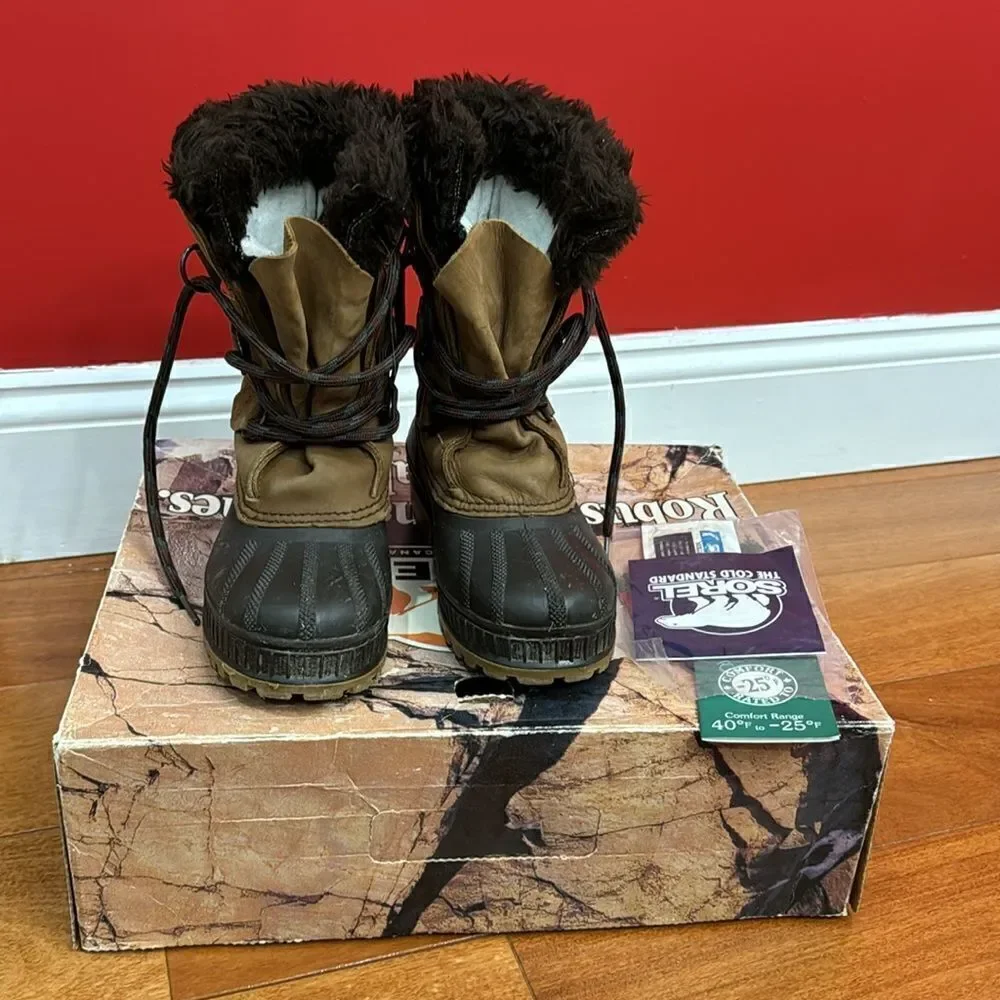 Sorel kids Badger Snow Boots Leather Rubber Work Outdoors Fur‎ removable size 1